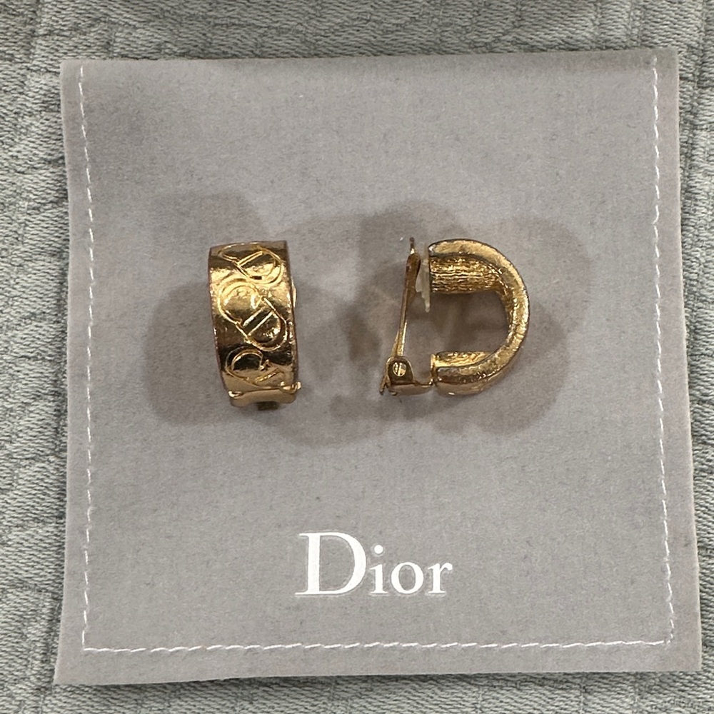 Dior Vintage Gold Logo Embossed Clip On Earrings